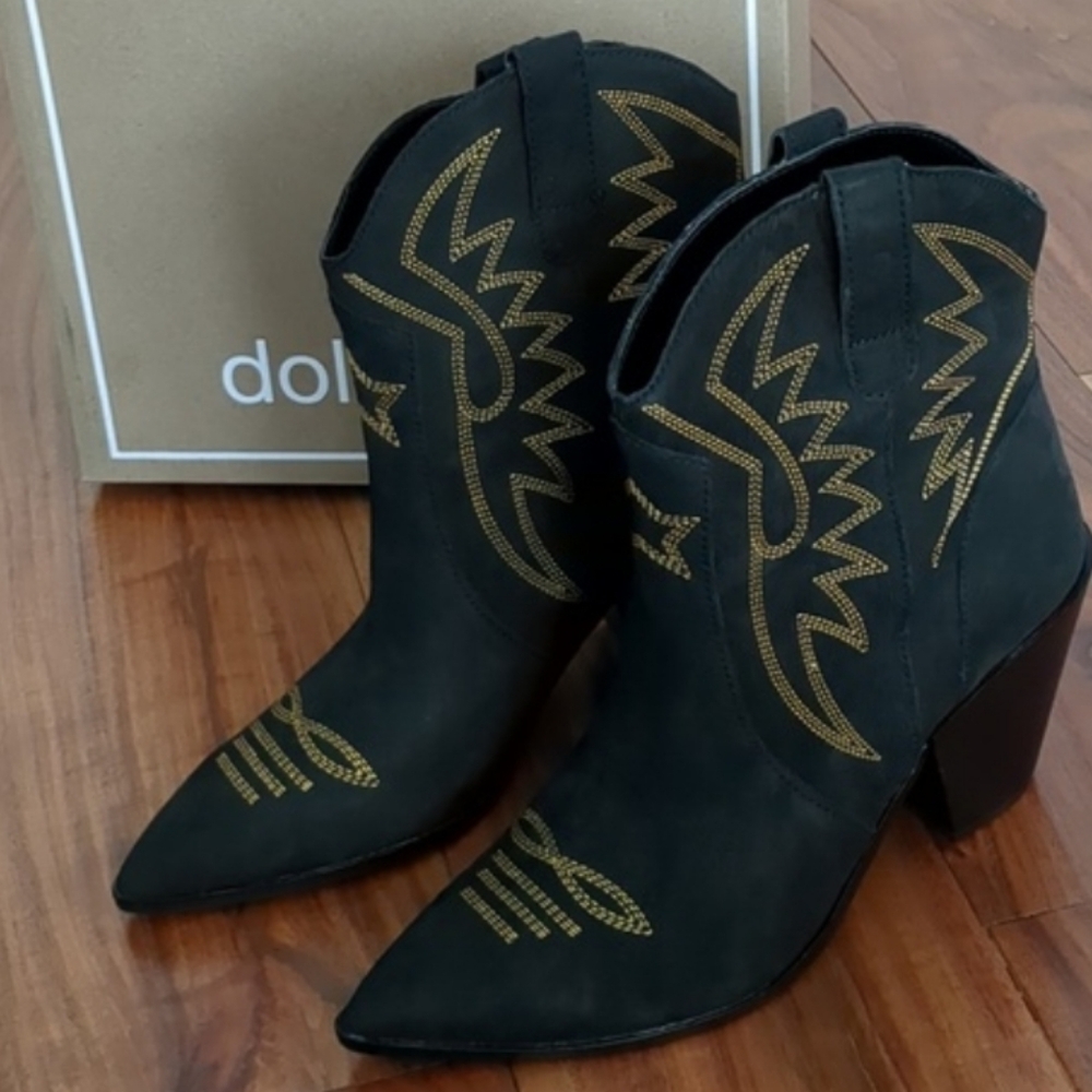 Dolce Vita Black Heeled Western Ankle Boots with Gold Stitching